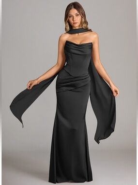 Azazie Sorel Black two piece dress with a matching chiffon scarf
